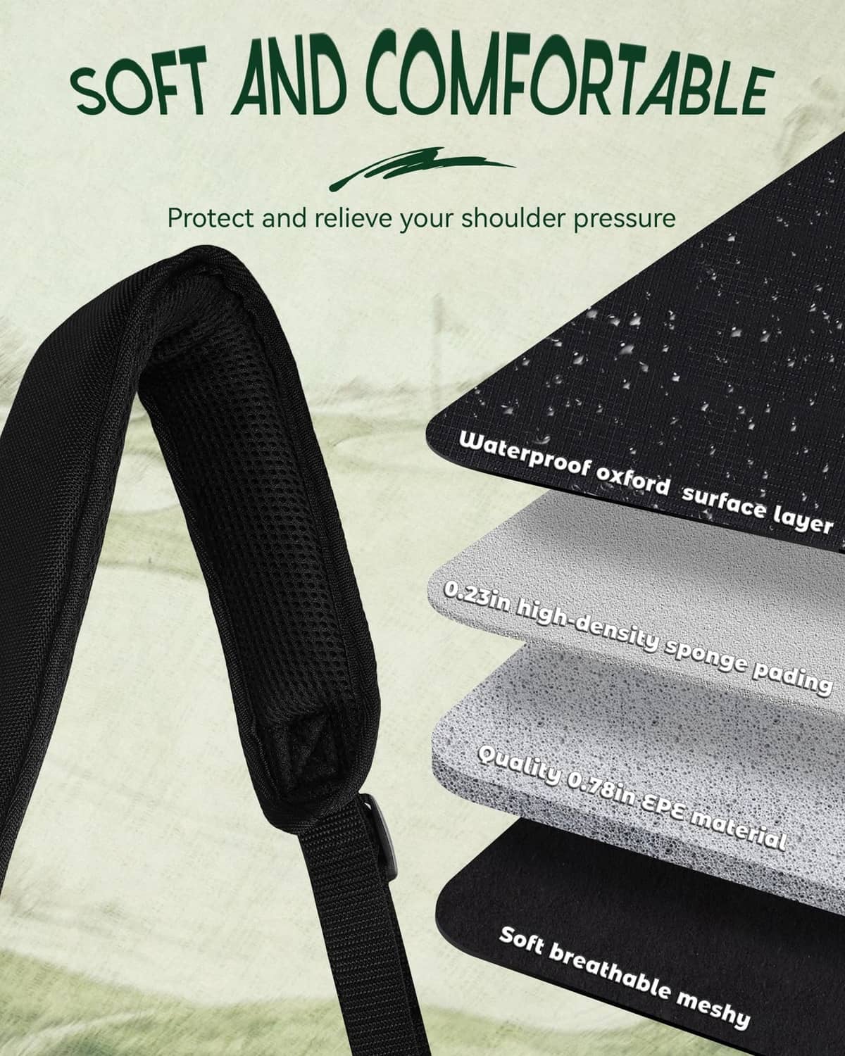Soft black padded shoulder strap with breathable mesh and water-resistant layer