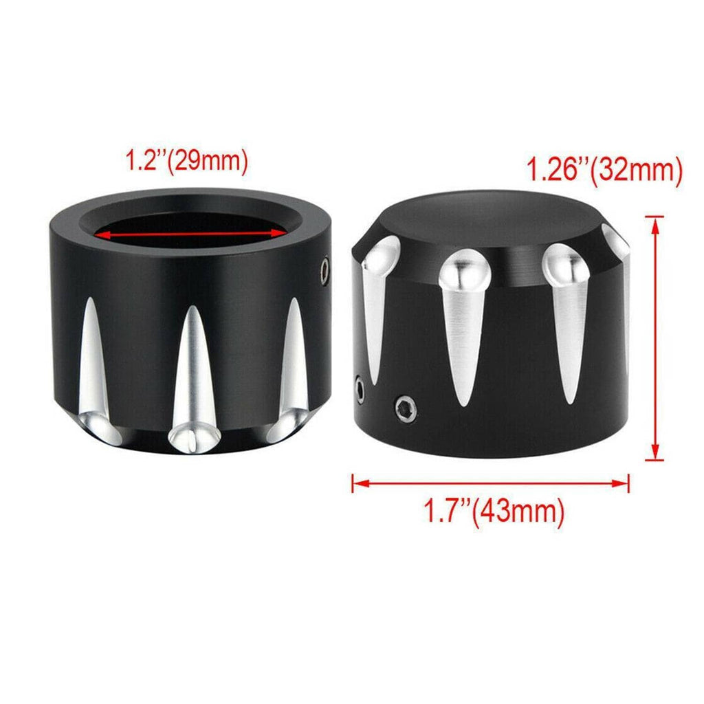 Black axle cap nut covers with chrome spikes; size markings shown