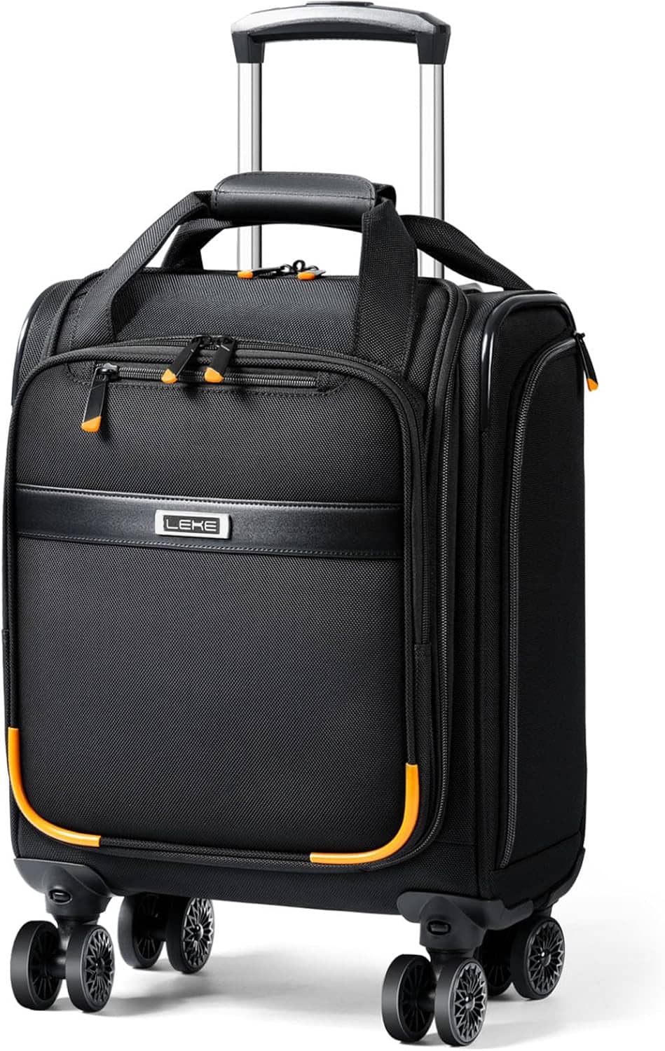 Black softside underseat carry-on suitcase with spinner wheels and extendable handle