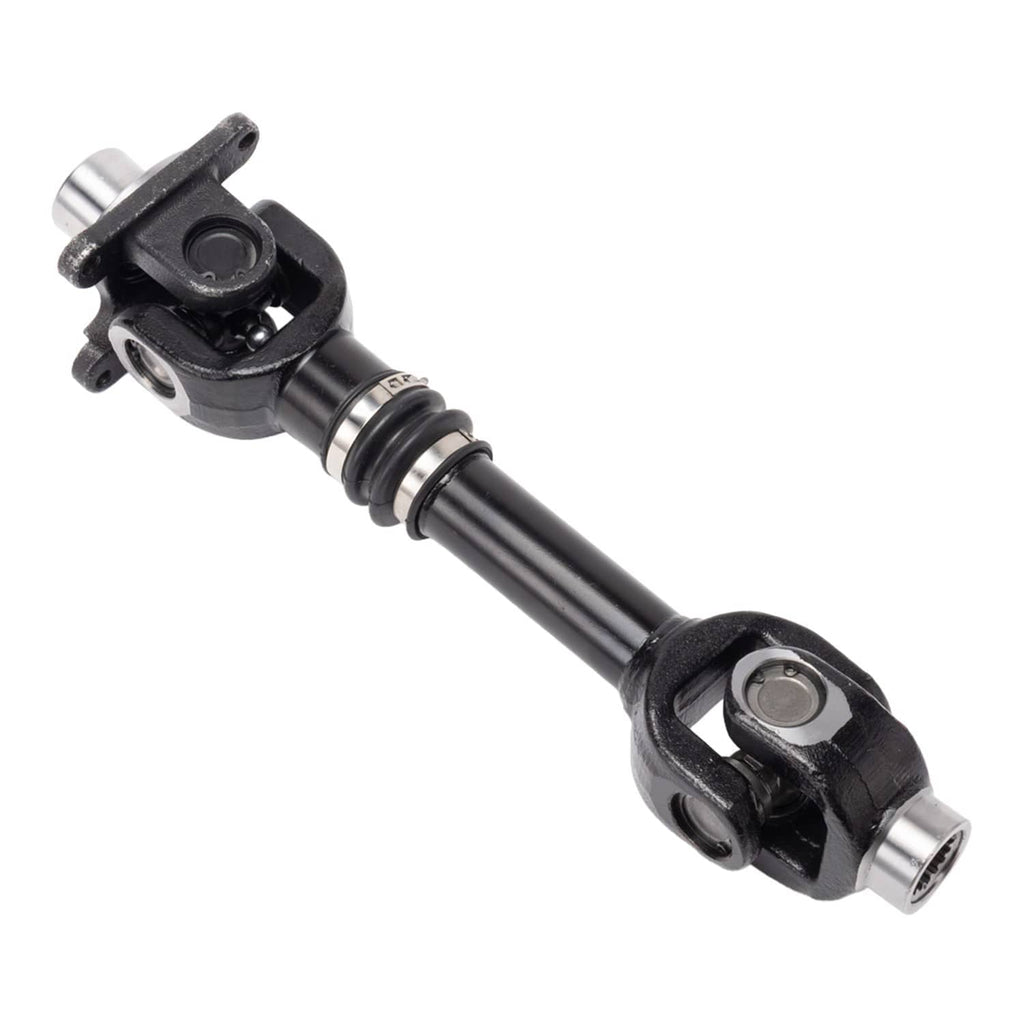 Rear prop drive shaft at angle, showing black yokes, boots, and silver stub ends