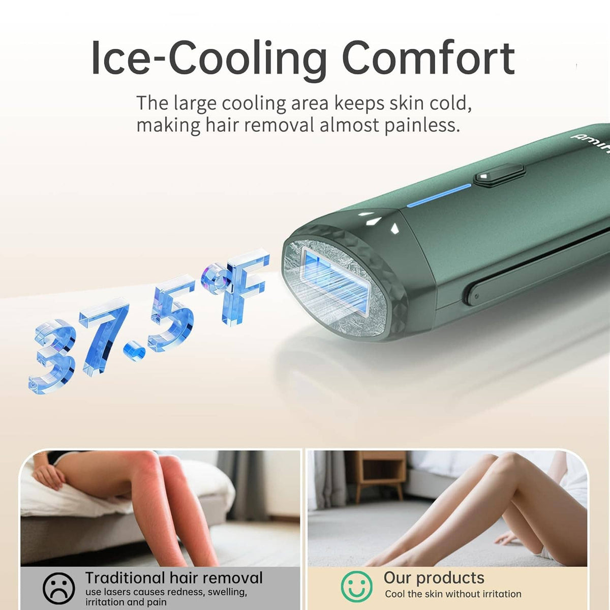 Green IPL hair removal device with wide cooling window