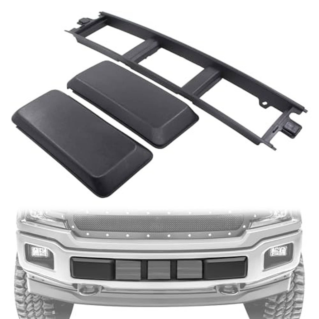 Black front bumper grille panel trim set with two dark caps and slotted bar frame