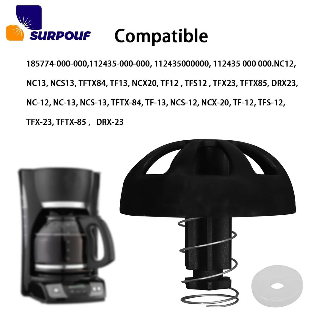 Black coffee brew basket stopper with coiled spring and clear sealing disc