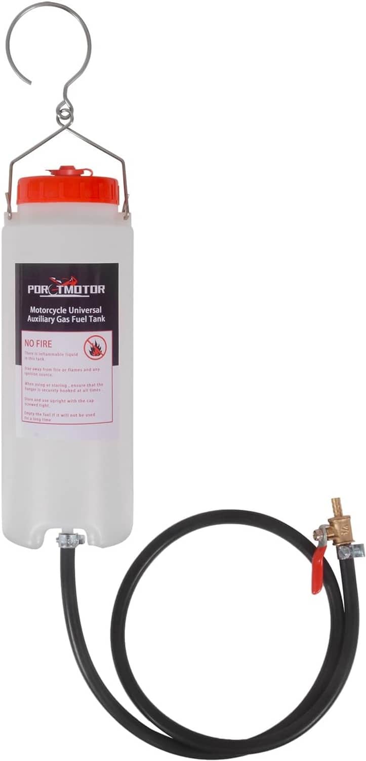 Ventilated 1L fuel tank with red top, hanging handle, and connected black hose