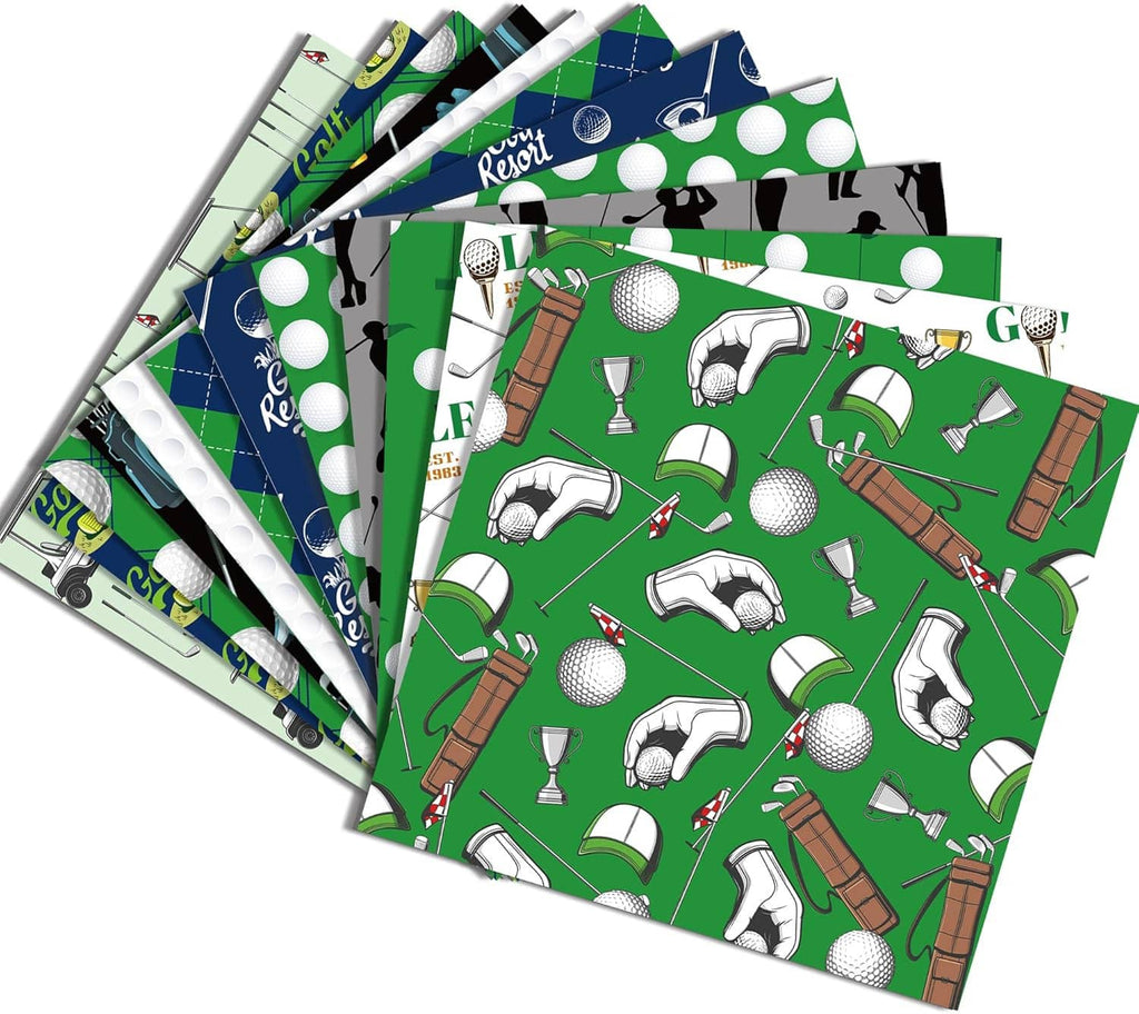 Angled stack of golf scrapbook paper with green, white, and navy patterns featuring golf balls