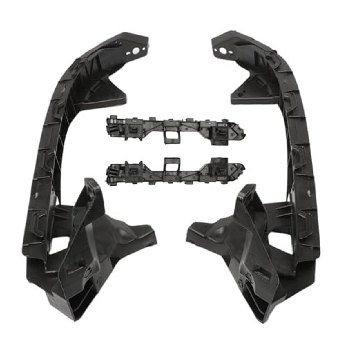 Front bumper bracket mount support retainer kit, black brackets and metal mounting housings