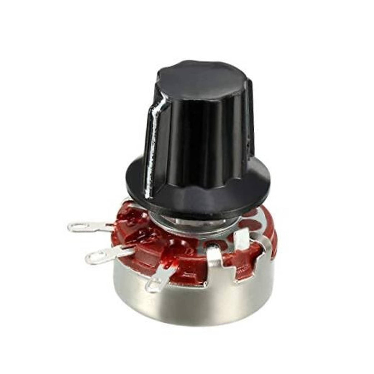 Rotary carbon film variable resistor with black knob, red PCB base, and 3 pins