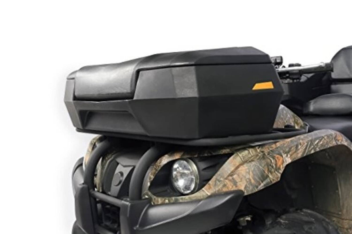 ATV front storage box mounted on ATV front, dark gray side with metal latches