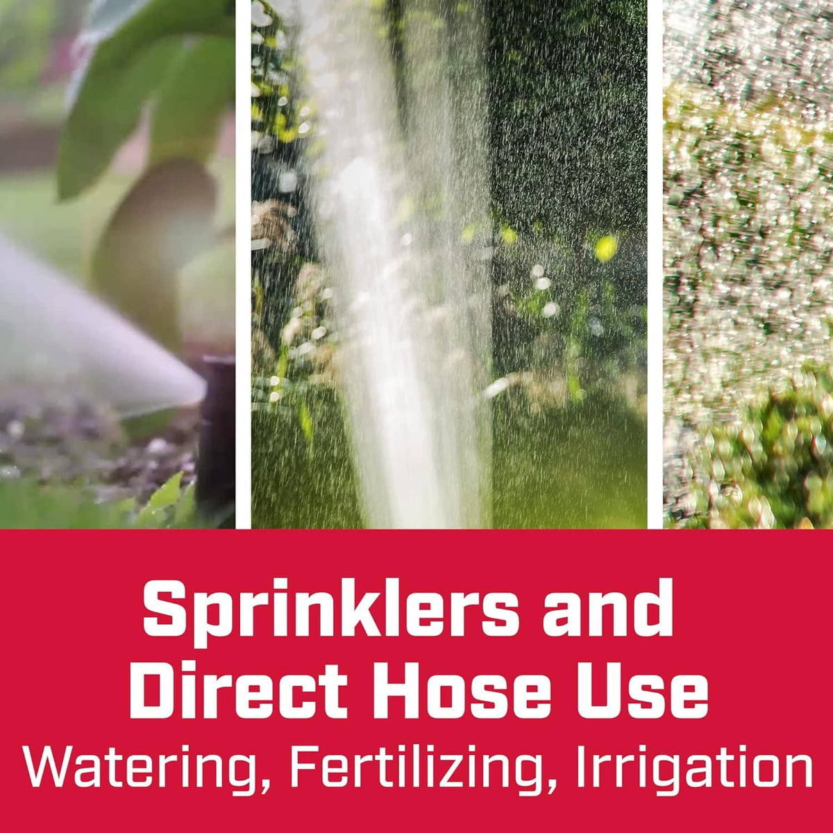 Sprinkler spray watering lawn grass with clear water stream from a hose
