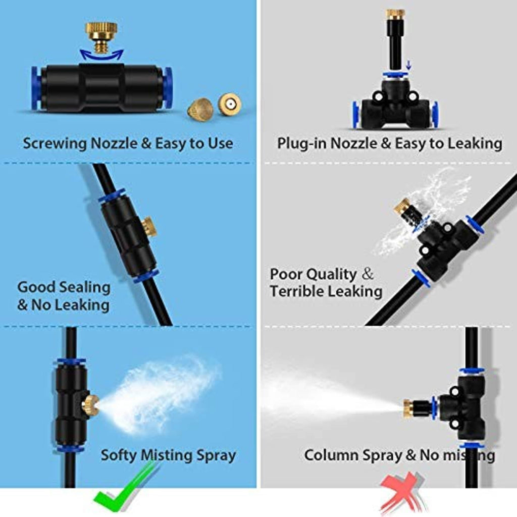 Misting nozzle and hose connectors shown with sealing and spray comparison