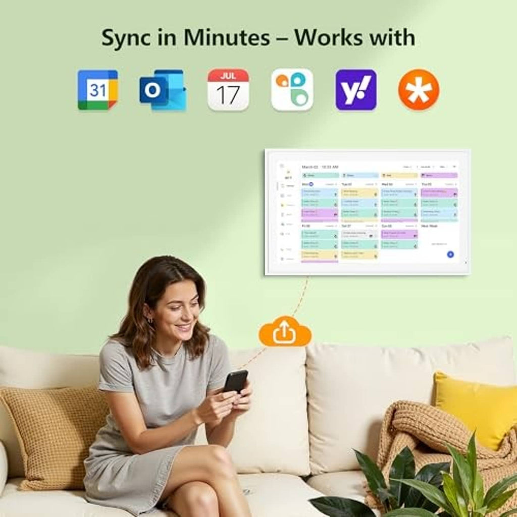 White electronic calendar wall planner with visible touchscreen interface on display
