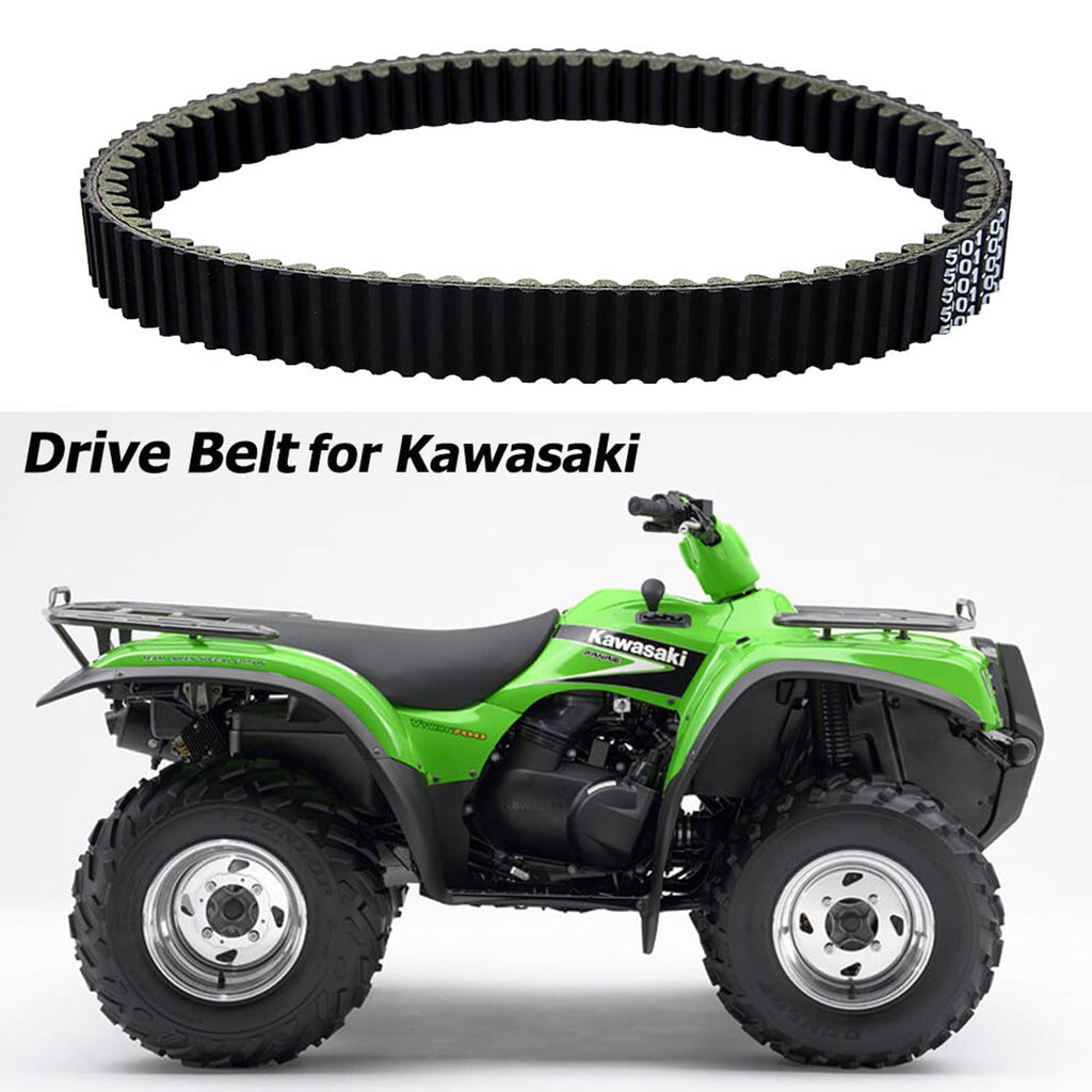 ATV drive belt on green ATV, black ribbed toothed belt loop