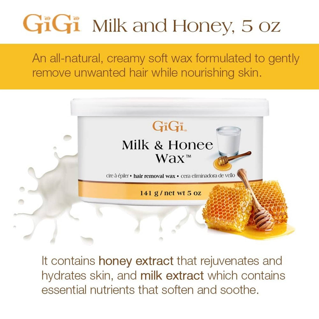 Milk and Honnee hair removal wax tub, white container with honey-themed wax details
