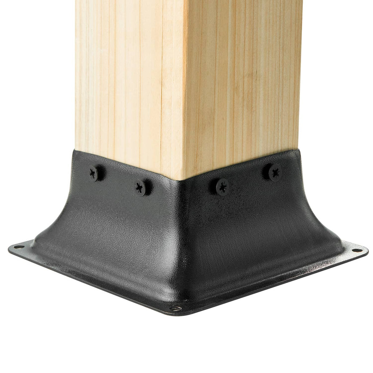 Black steel 4x4 wood post base bracket with two-screw mounting plate