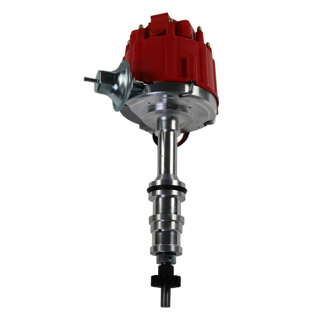 Red ignition distributor with round cap housing, metal shaft, and front vacuum bracket
