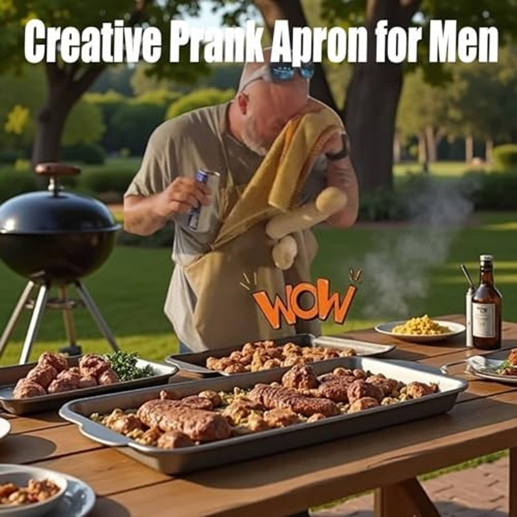 Brown apron on a grill, with front pocket and beige towel