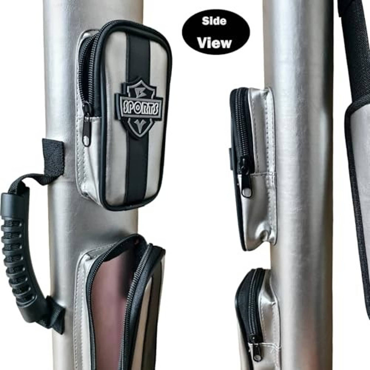 Pool cue case interior pocket and side zip compartments, silver exterior with black trim.