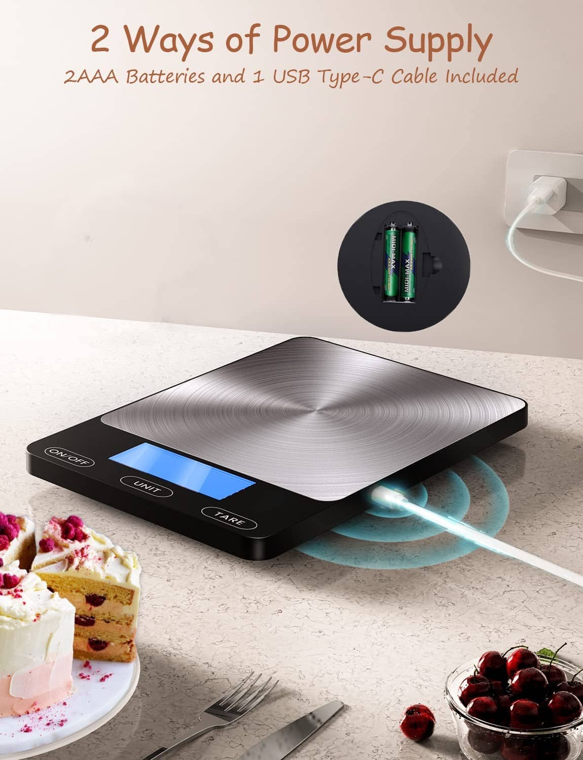 Black digital kitchen scale with stainless platform and illuminated blue display indicator.