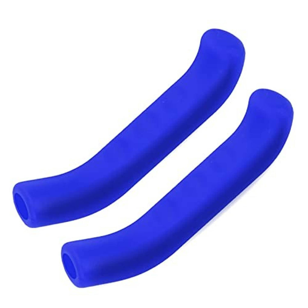 Pair of blue silicone bicycle brake lever covers with curved grip shape