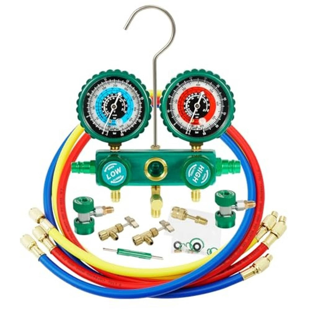 Three-way AC manifold gauge set with green dials, red/blue hoses, and hanging hook