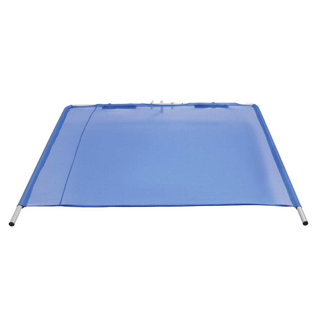 Blue mesh boat sun shade canopy with silver corner poles, front view