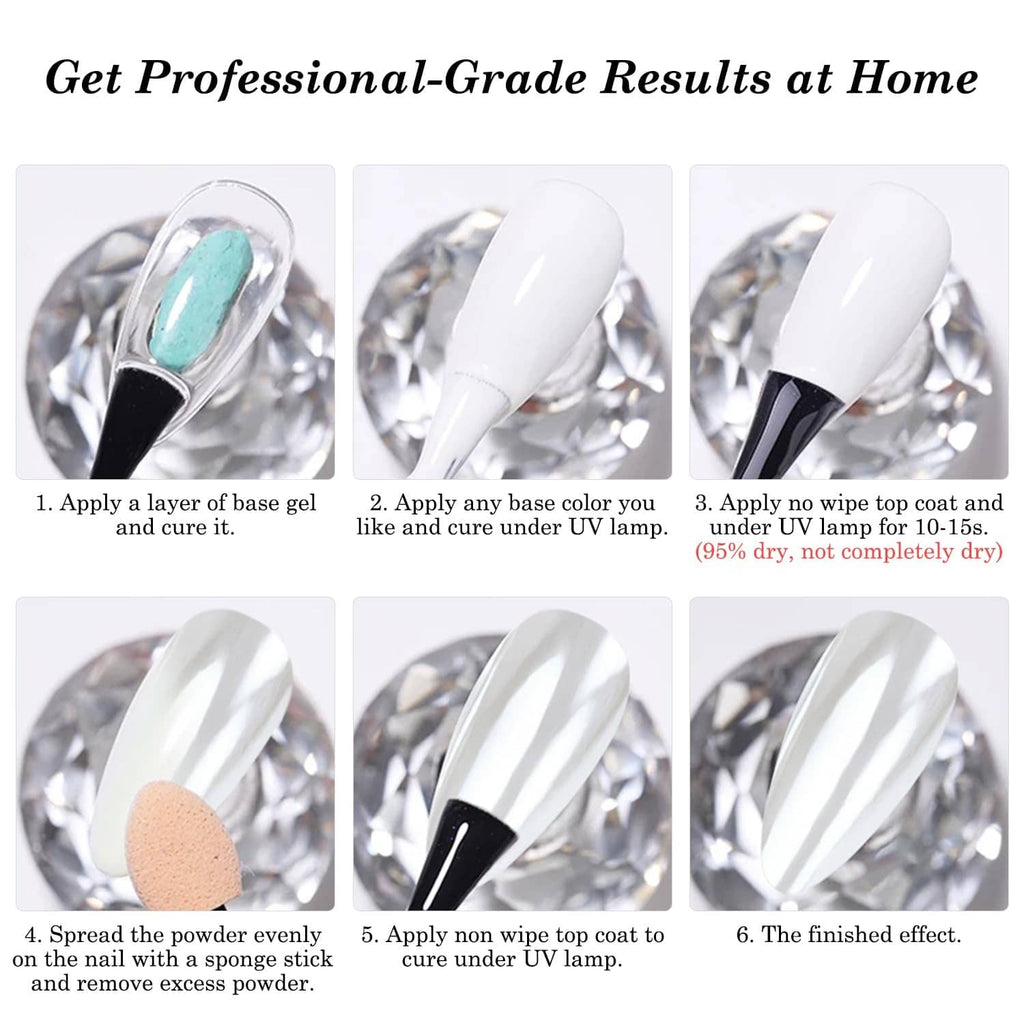 Glossy chrome nail powder application steps with white base and mirror finish swatches