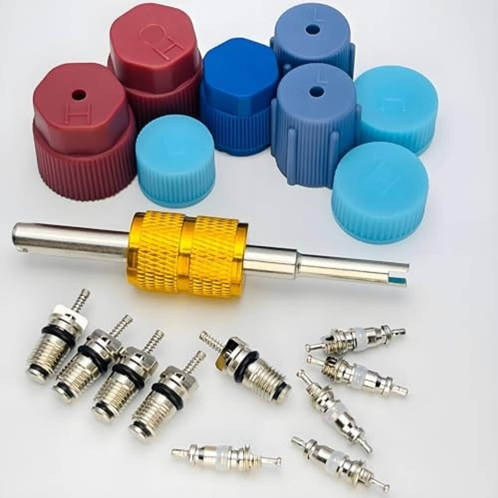 Air conditioning valve core kit set with assorted colored caps, brass tool, and valve cores