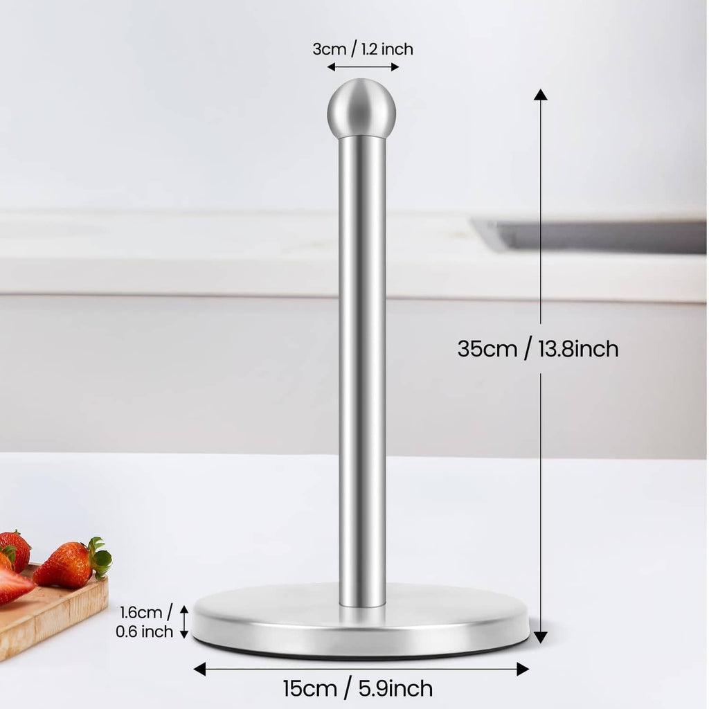 Polished silver paper towel holder stand with tall vertical pole and circular base