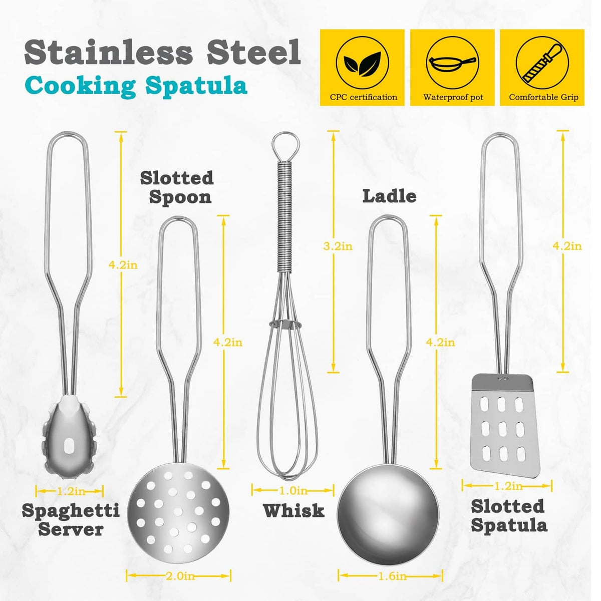 Stainless cooking utensil set with slotted spoon, ladle, whisk, and slotted spatula.
