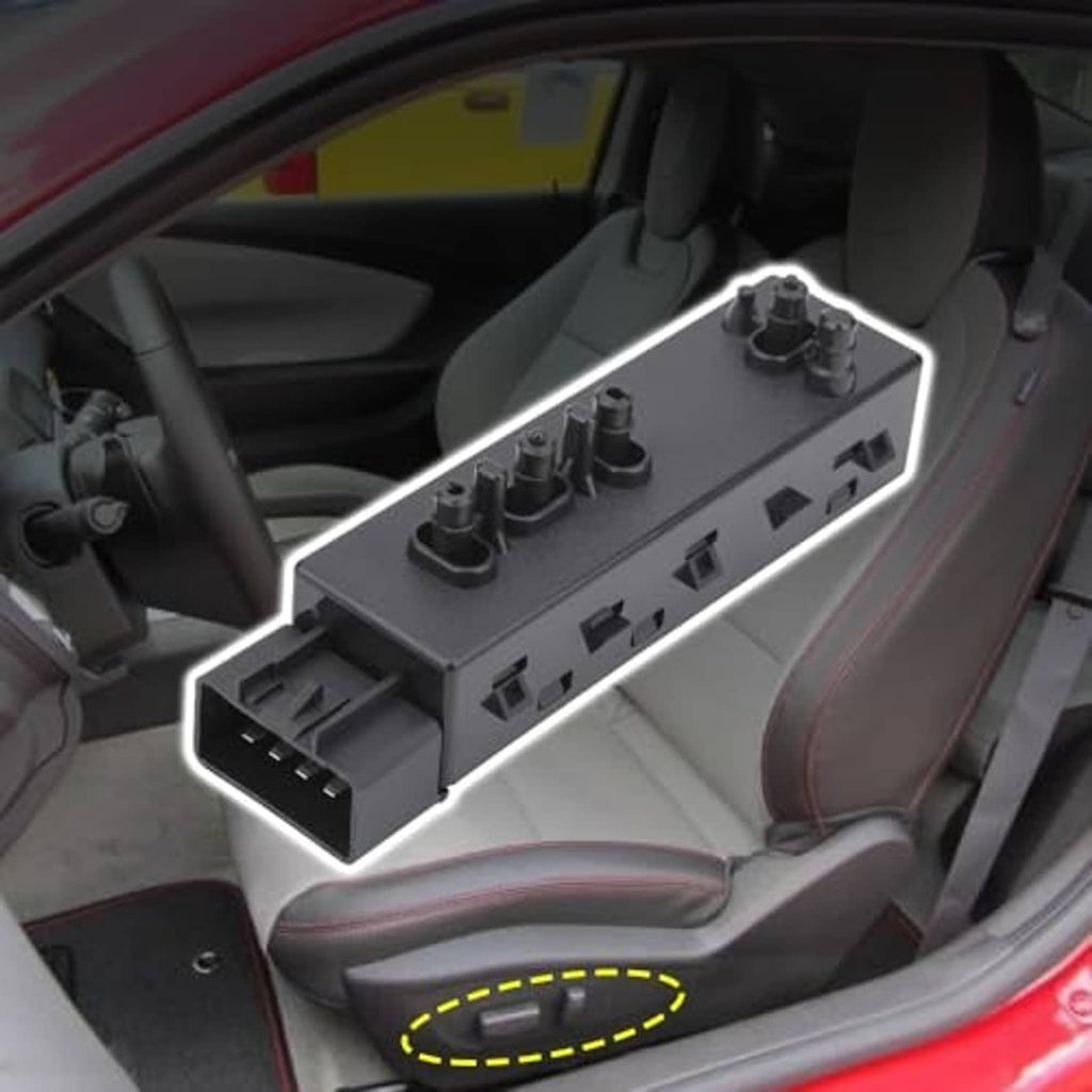 Power seat switch module installed on car panel with black control knobs