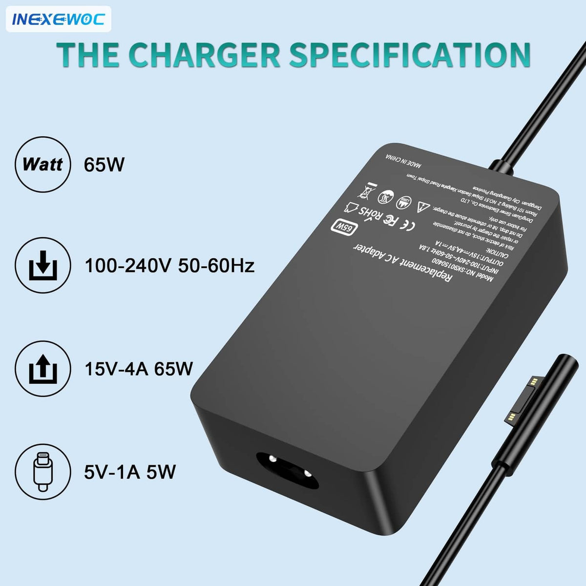 Black charger adapter with power cable and side USB port