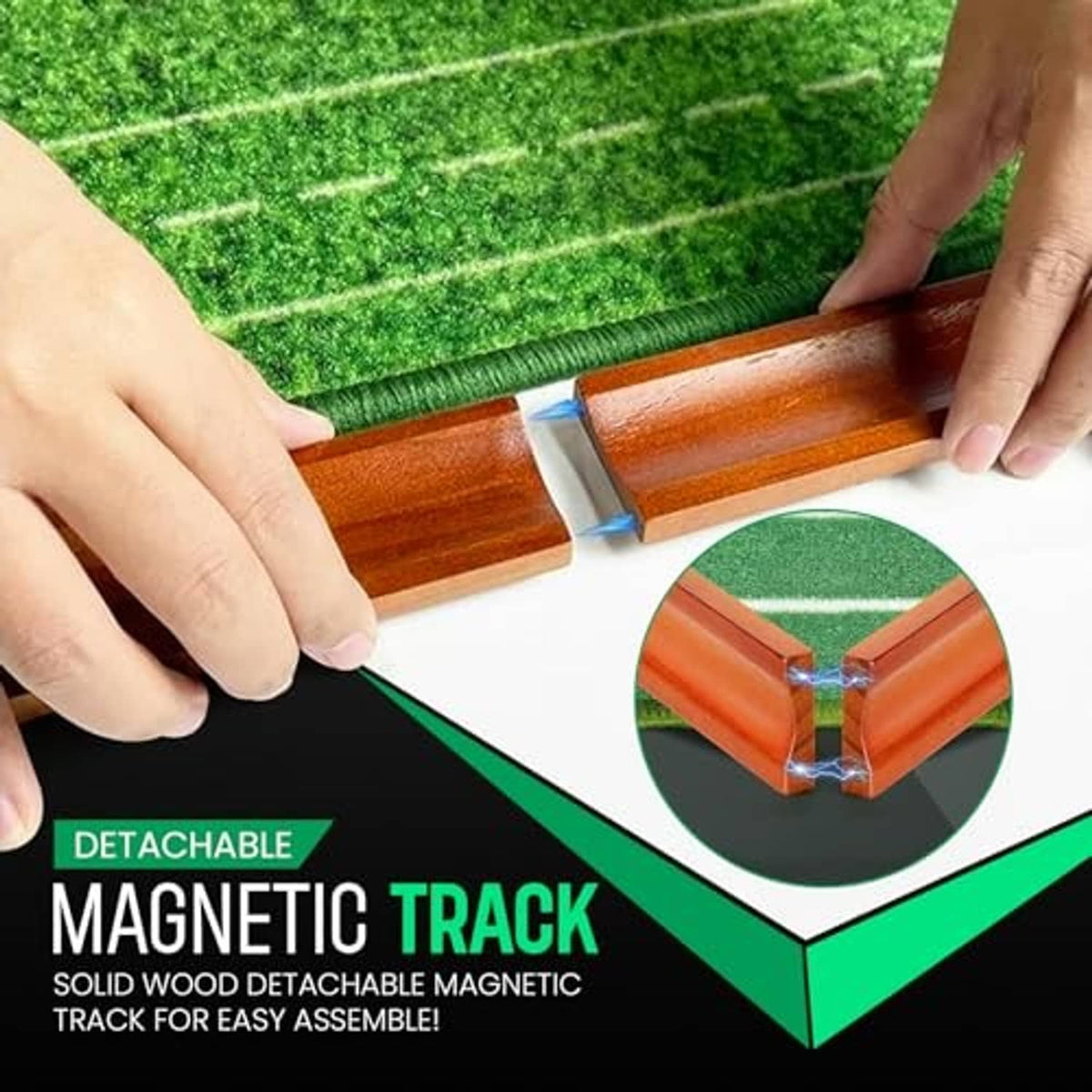 Detachable wooden track with metal guide beside green putting surface