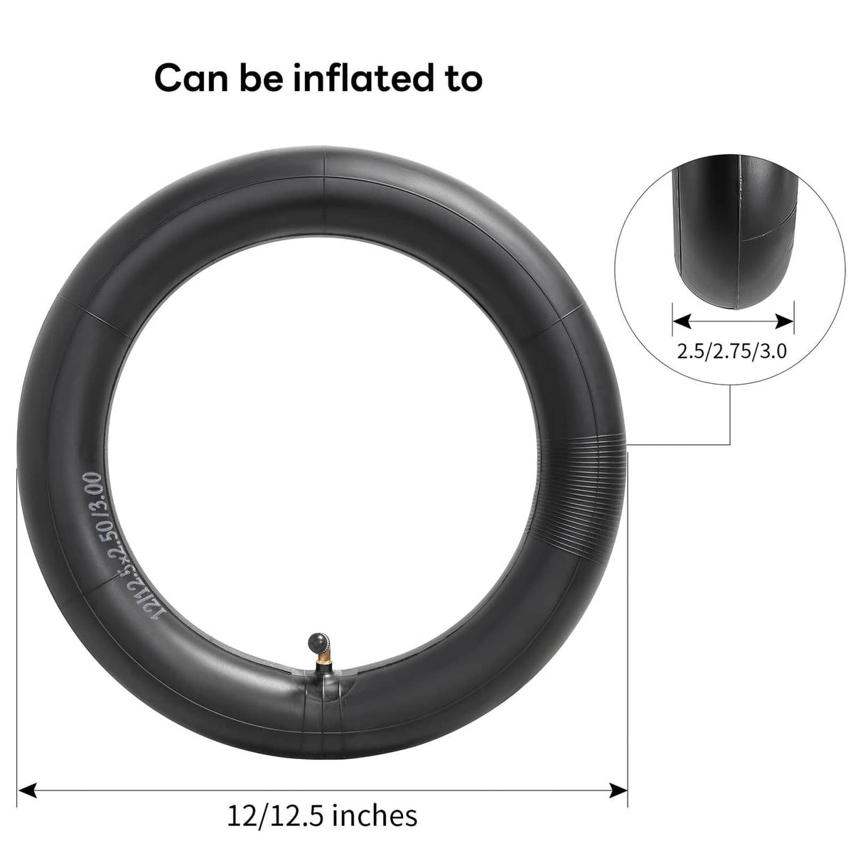 Black scooter inner tube with CR202 valve stem, size 12/12.5 inches