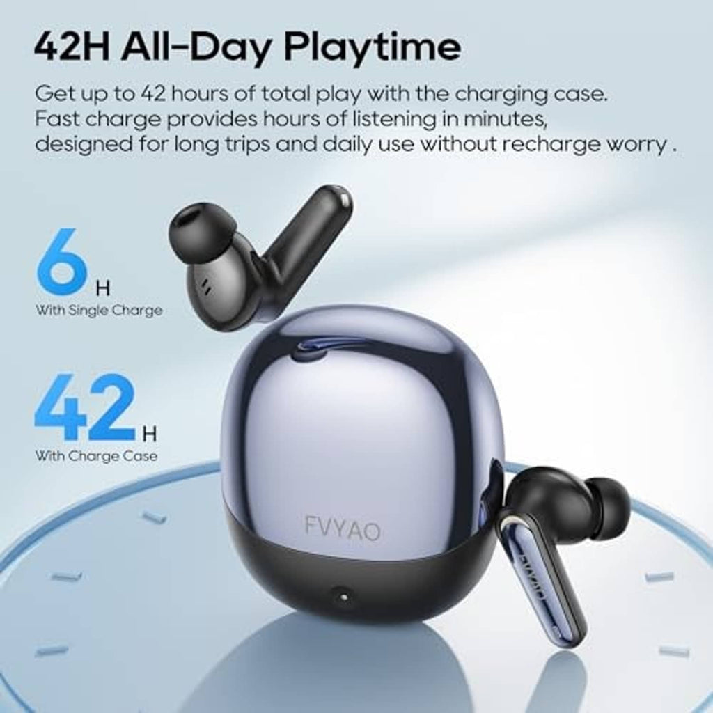 Wireless earbuds and black charging case shown with battery life icons