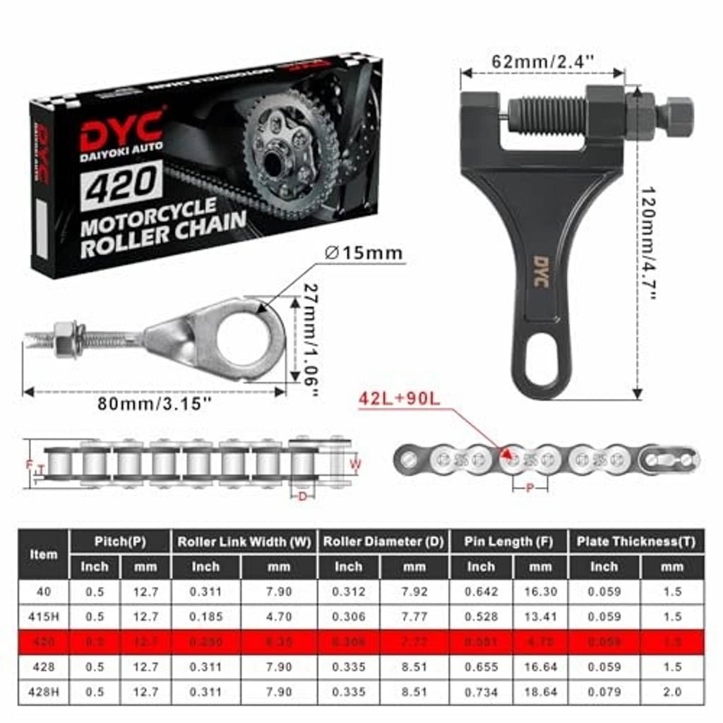 420 roller chain set packaging with dimensions and included chain link and pin details