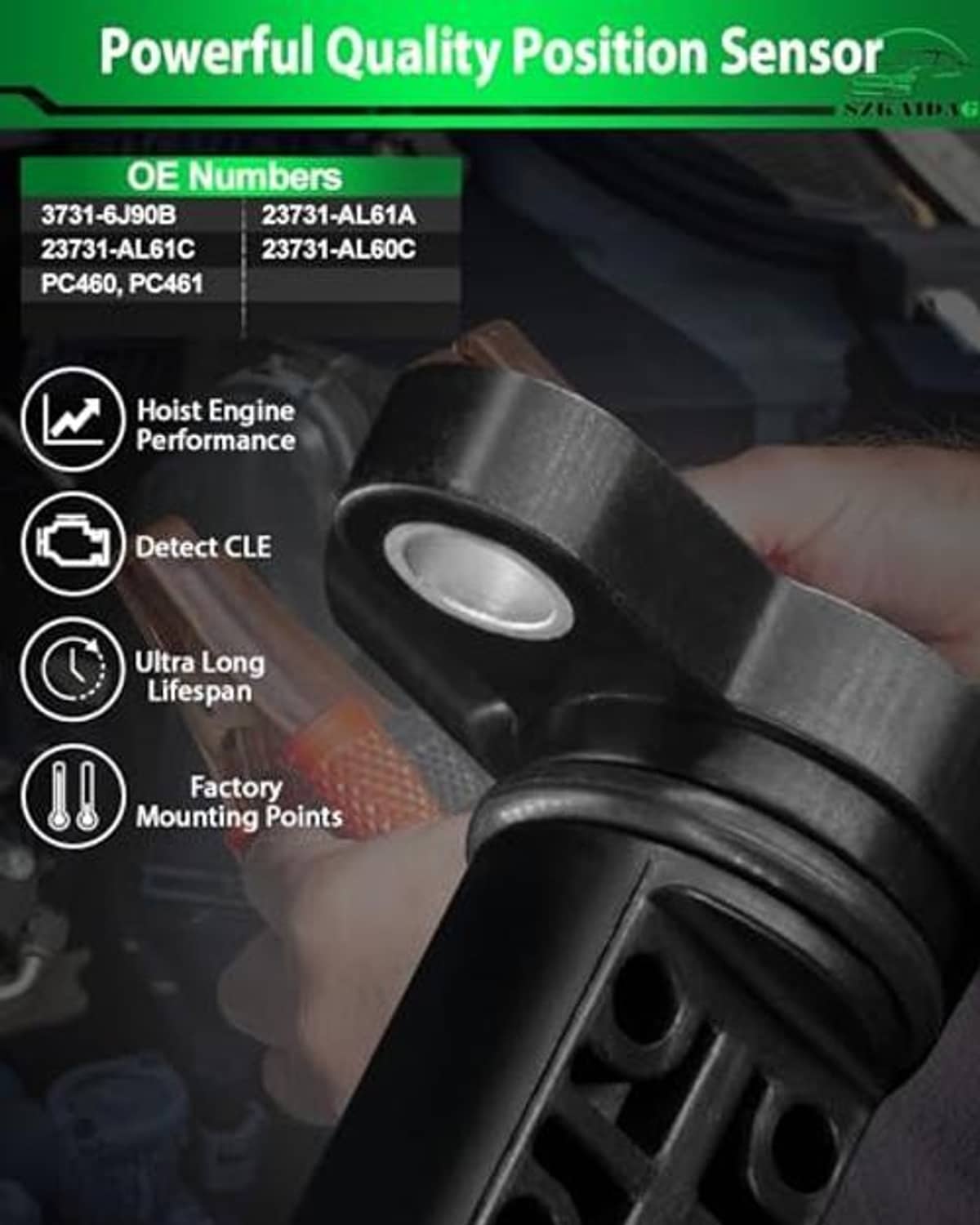 Camshaft position sensor close-up with metal ring and electrical connector, black