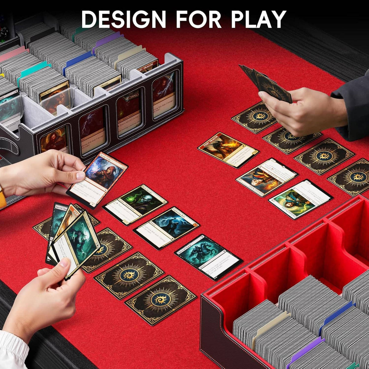 Gray card storage box with open compartments and acrylic card holders during gameplay.