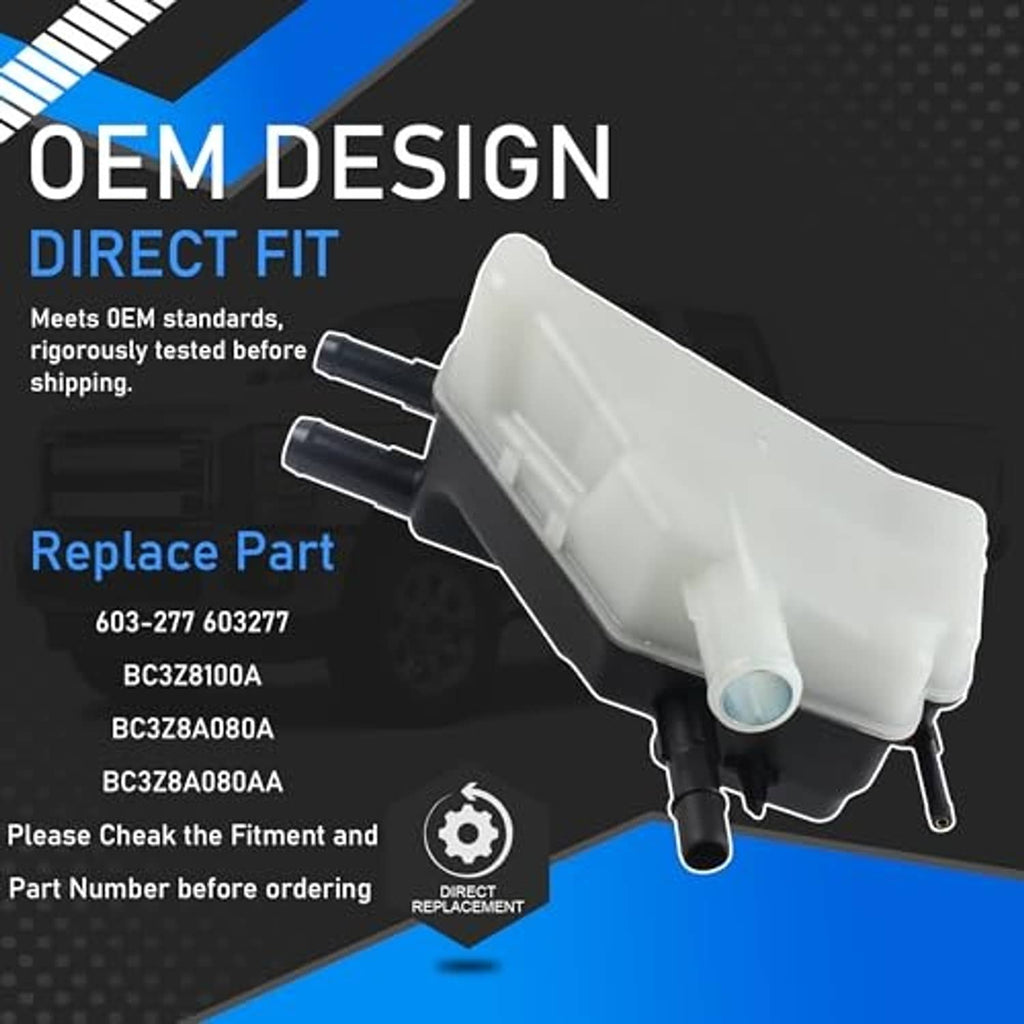 Engine coolant reservoir tank with cap and connecting hoses, translucent reservoir and dark housing
