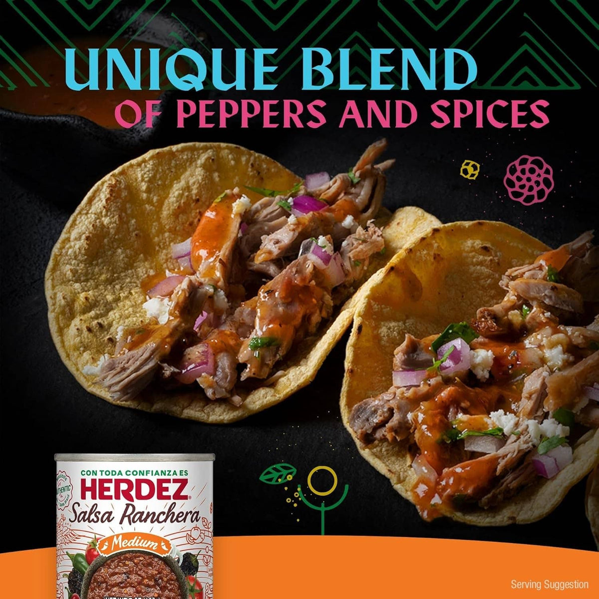 HERDEZ Salsa Ranchera medium can on taco serving card, green chile salsa label