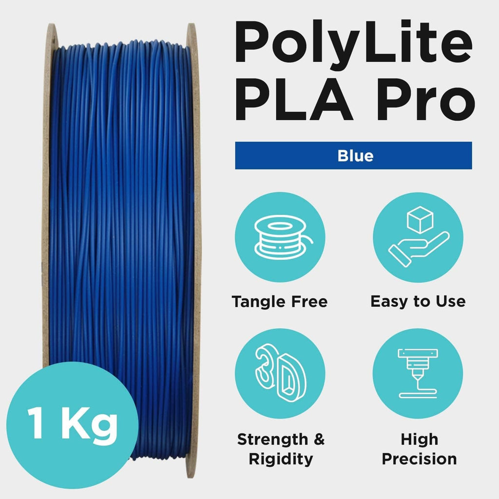Blue PLA filament spool, 1 kg on a wooden reel