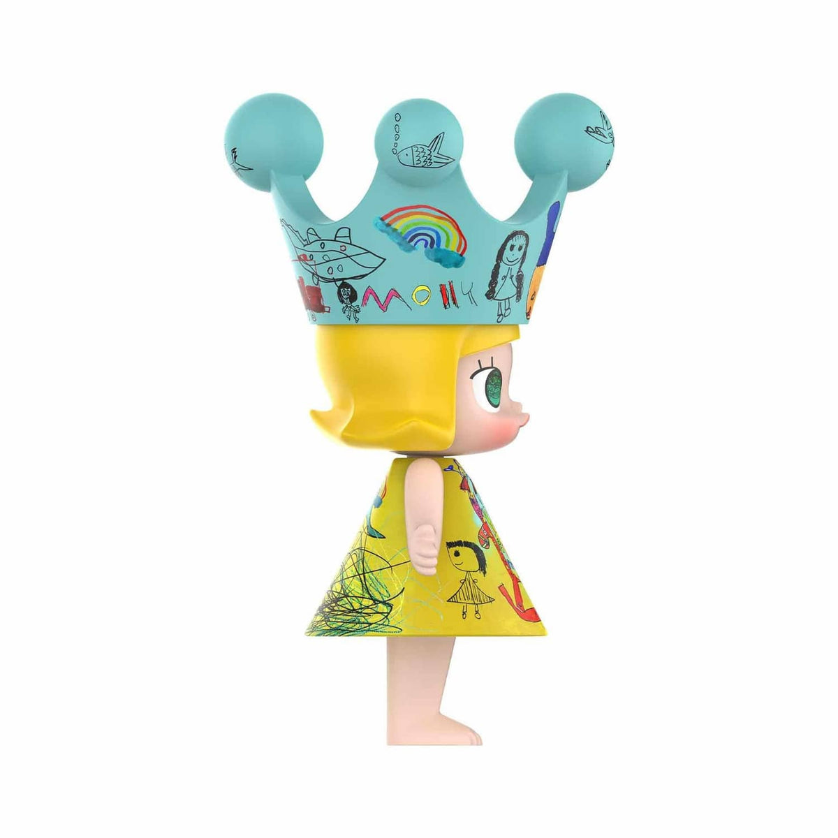 Royal Molly collectible doll angled view, teal crown and yellow bob with colorful dress