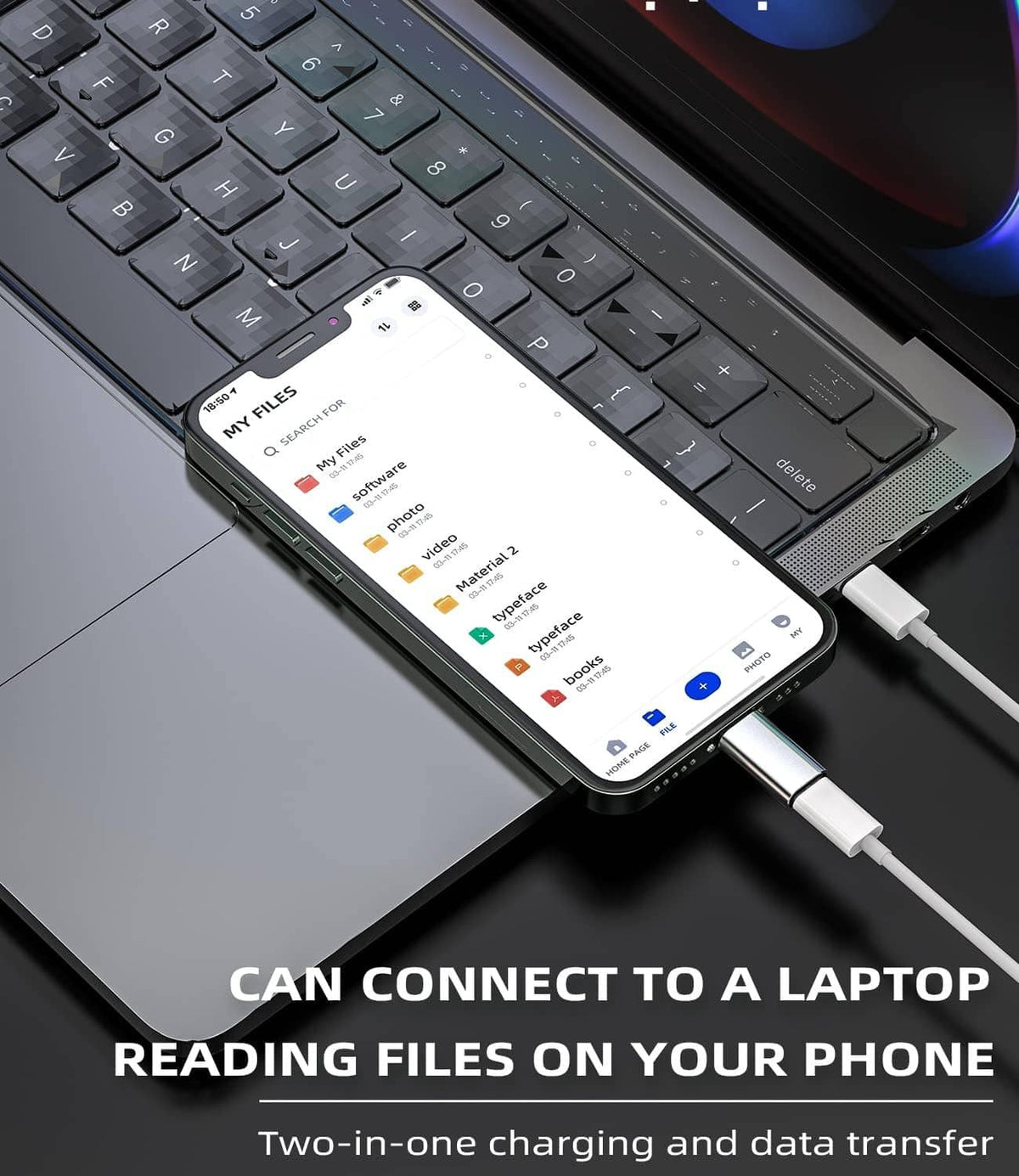 USB-C to Lightning adapter plugged into smartphone for data and charging