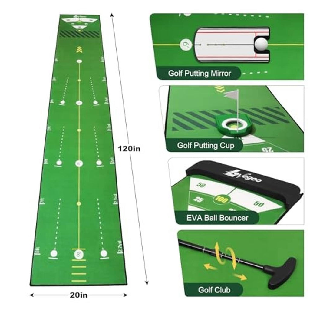 Golf putting practice mat kit with alignment mirror, putting cup, ball bouncer, and club