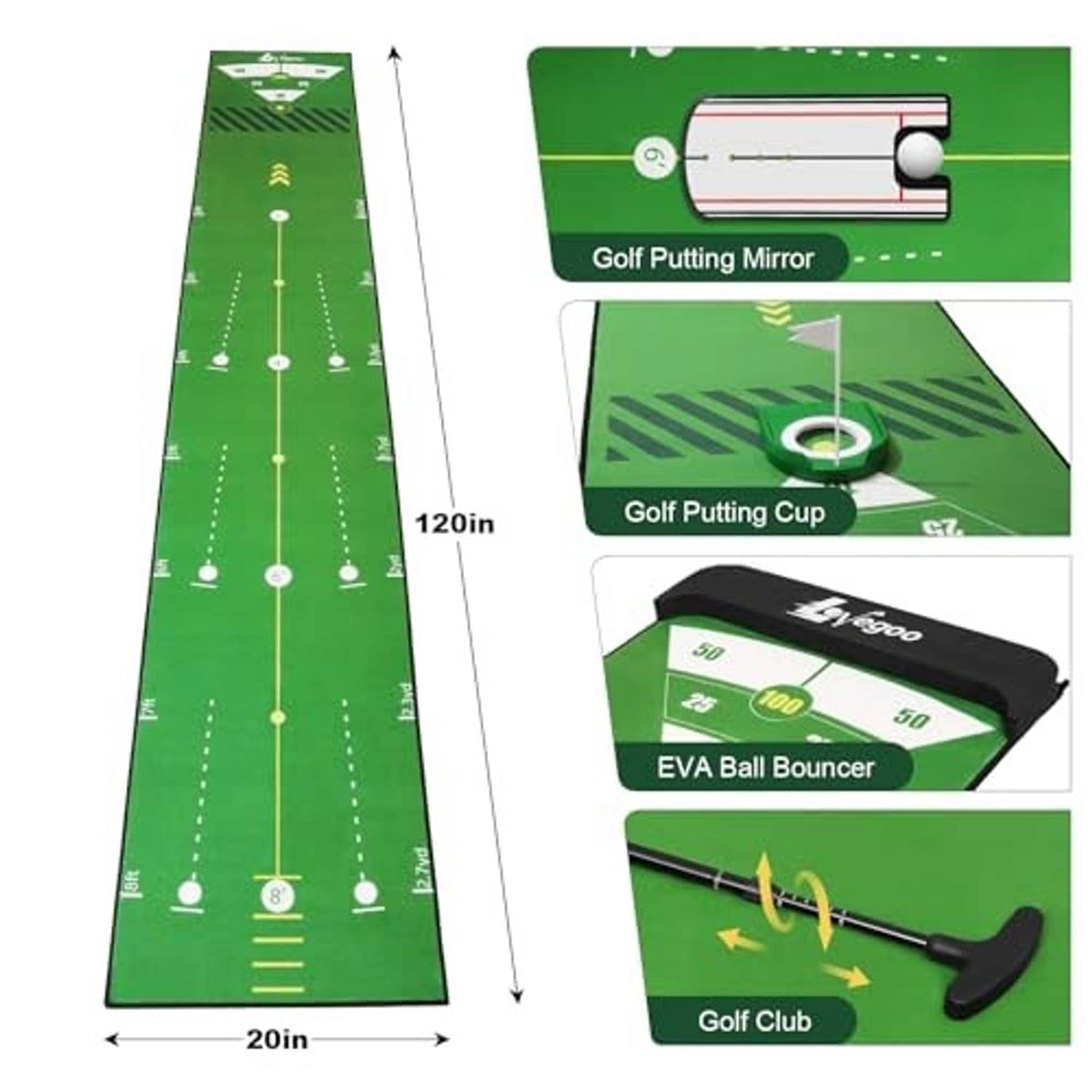 Golf putting practice mat kit with alignment mirror, putting cup, ball bouncer, and club