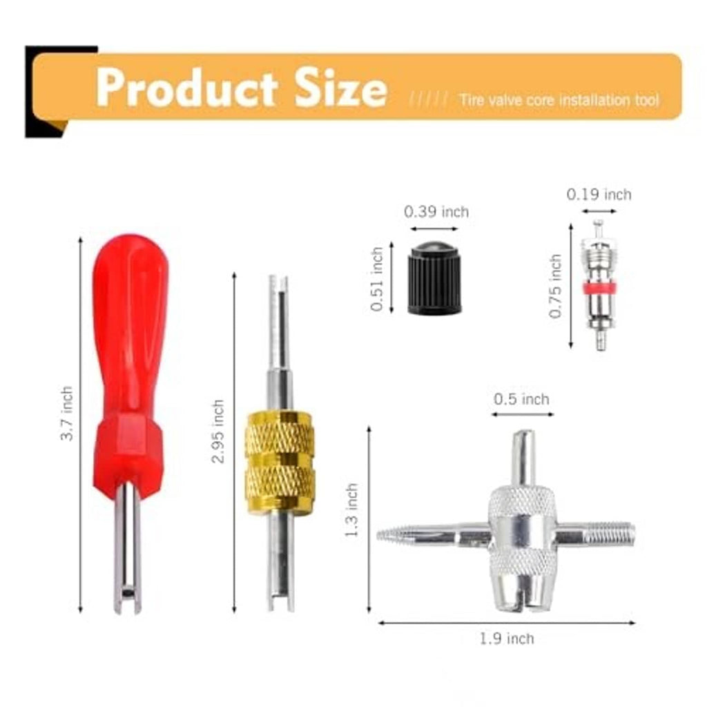 Valve core installation tool with red handle and metal shafts shown with size measurements