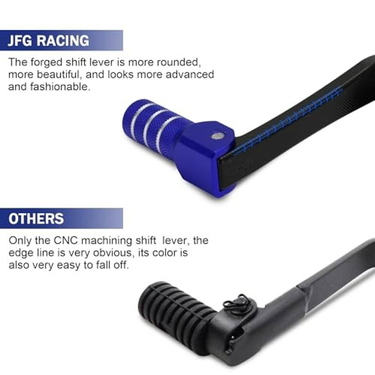 Motorcycle folding gear shifter lever with blue knurled tip and black curved arm