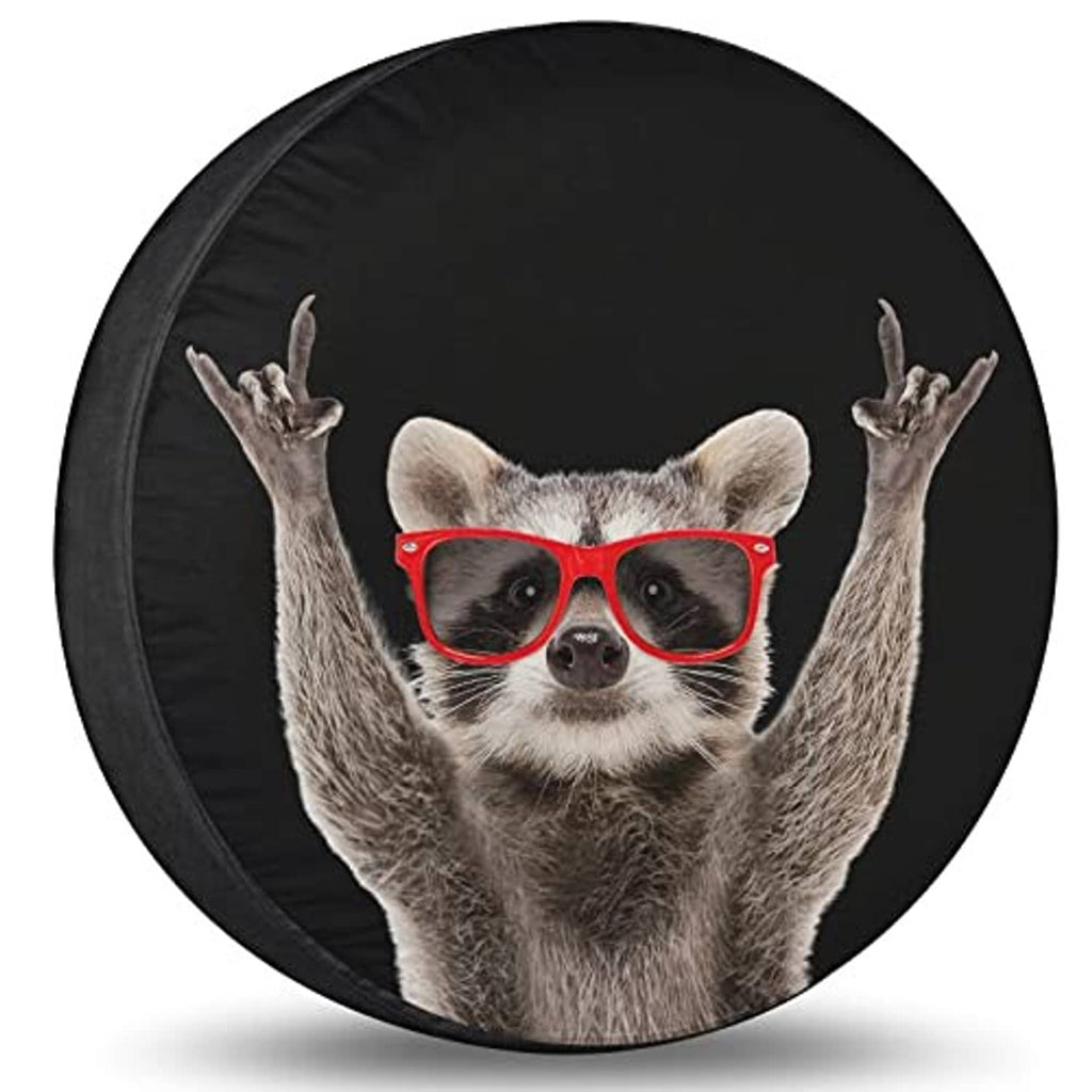 Black spare tire cover with raccoon face wearing red glasses, arms up