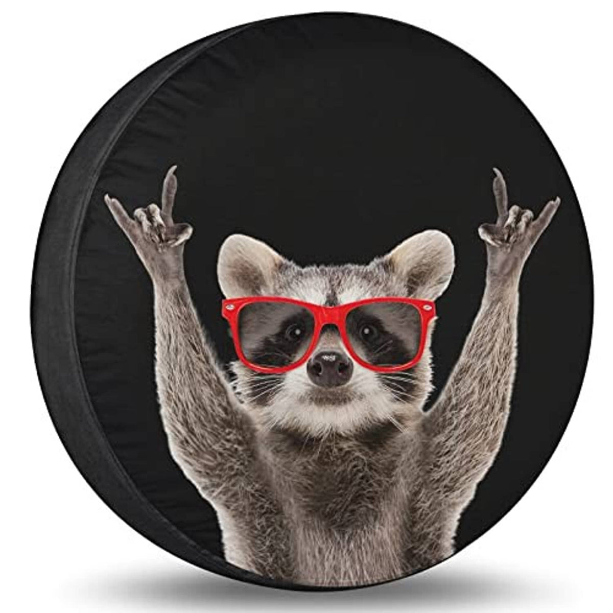 Black spare tire cover with raccoon face wearing red glasses, arms up