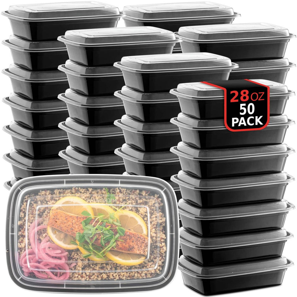 Large black meal prep containers with clear lids, stacked in a 50-pack set