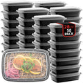 Large black meal prep containers with clear lids, stacked in a 50-pack set